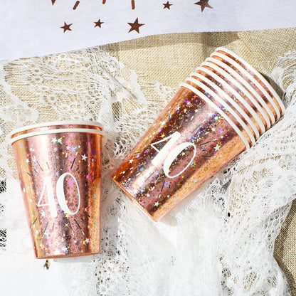 10 Pappbecher in  rose mit Glitzereffekt vom 18.-80. Geburtstag