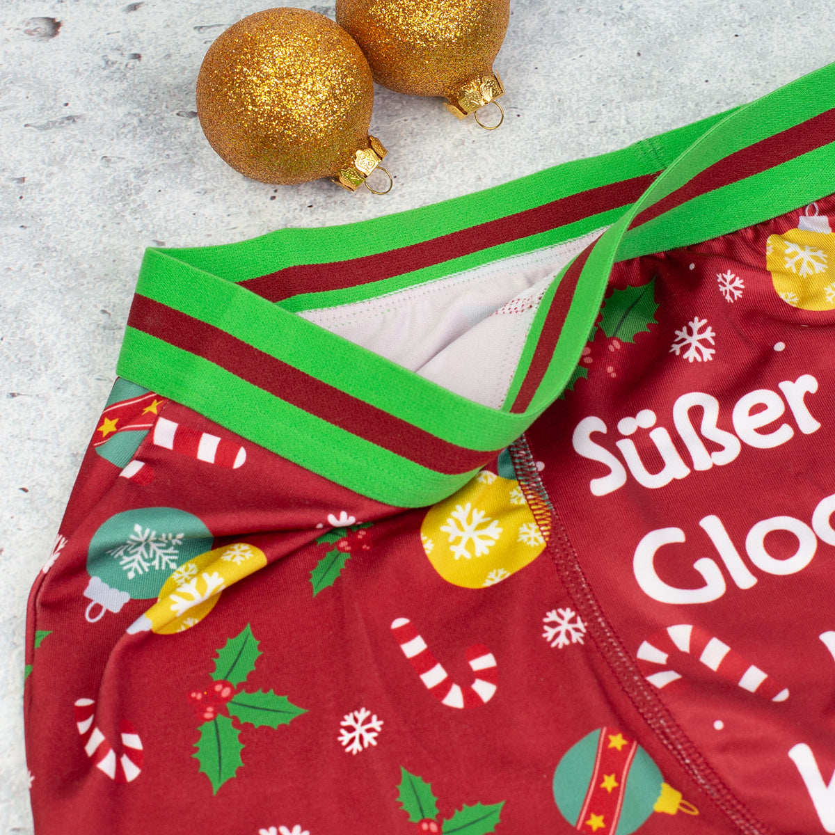 Weihnachts Boxer Short für Männer mit Spruch Süßer die Glocken nie klingen und grüner Bund