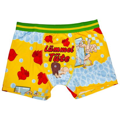 Freche Boxershort Lümmeltüte mit Comic-Motiv in Gelb, Vorderansicht