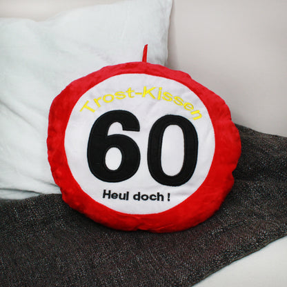 Rundes Spaßkissen 60. Geburtstag mit Aufschrift „Heul doch!“